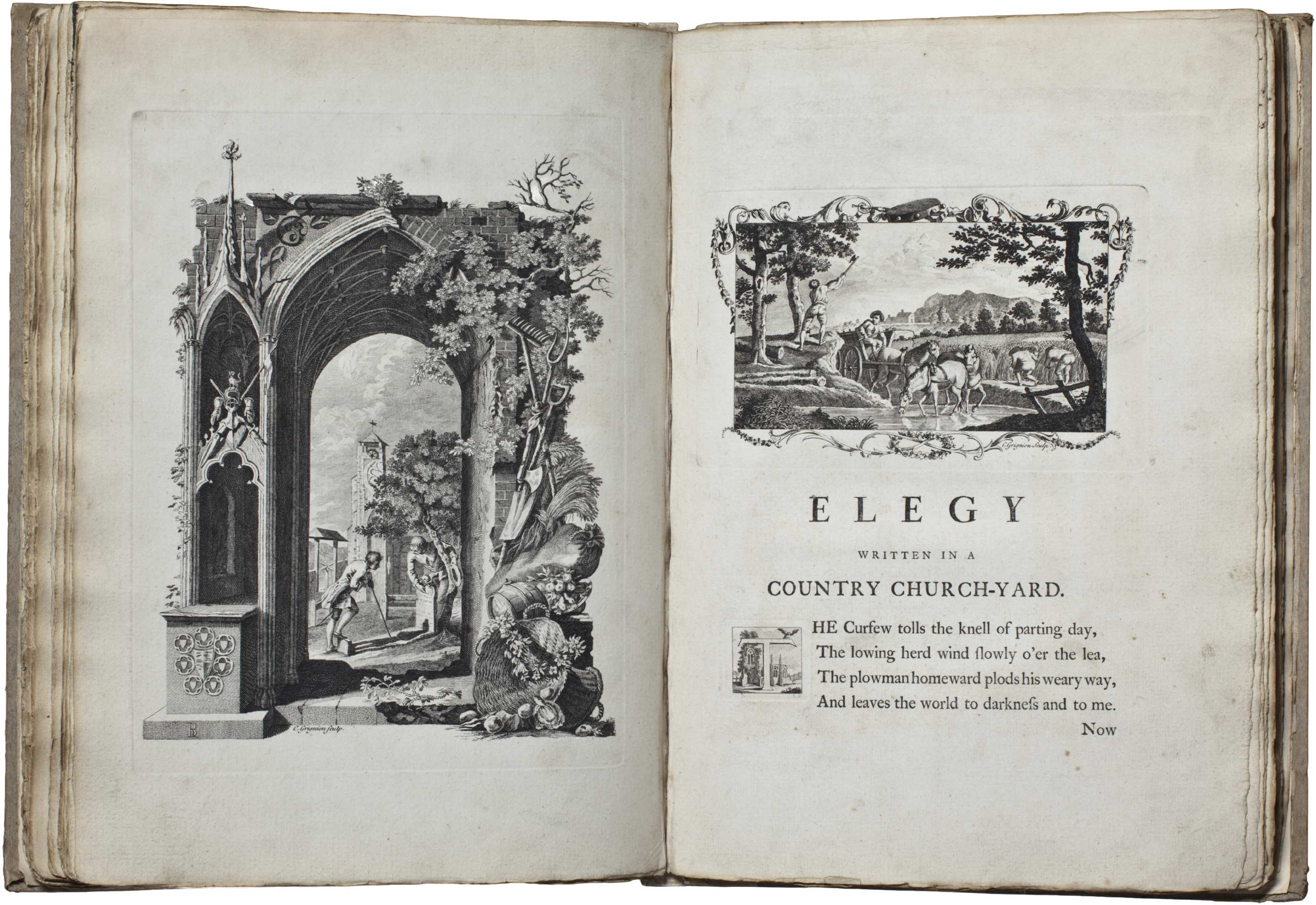 Illustrated opening of Gray's Elegy Written in a Country Church-Yard, 1766 edition